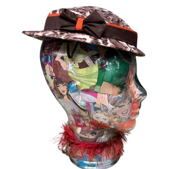 Vintage Cloche-Style Brown Printed Hat with Orange Ribbon and Bow, Medium Fit - Picture 3 of 10